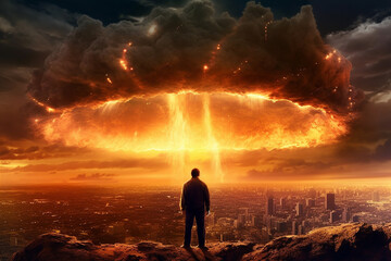 Fototapeta premium The End of All Things. Man watching the destruction of the world, featuring a giant atomic explosion, emphasizing the need for peace, diplomacy, and international cooperation. Ai generated