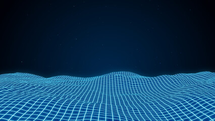Blue Neon grid wave background, futuristic wireframe terrain, 3d rendering abstract retro computer digital data Cyberspace design