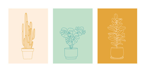 Set of minimalistic posters or cards with line art drawing Houseplants. Trendy home decor. Monstera, ficus, cacti for home and interior. 