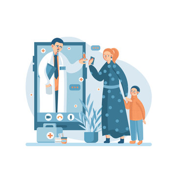 recommend clip art: Pediatrician talking about vaccination to mother and kid over Internet