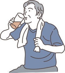 プロテインを飲む白髪のシニア男性
