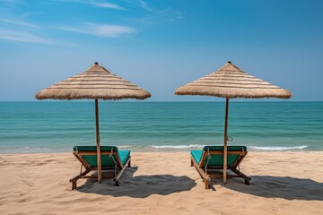 Fototapeta na wymiar Tropical Beach Paradise with Wooden Sun Loungers and Turquoise Sea