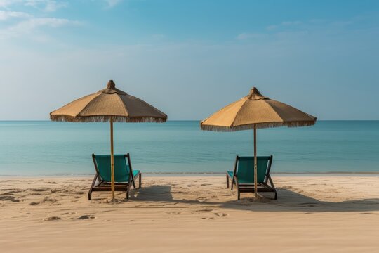 Peaceful Tropical Scene with Aligned Sun Loungers and a Vast Turquoise Sea