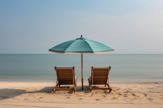 Serene Seaside View with Wooden Sun Loungers on a Tropical Beach