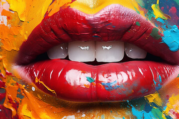 Woman's lips painted with vibrant, colorful paint. The artwork celebrates the beauty and diversity of human appearance. Ai generated