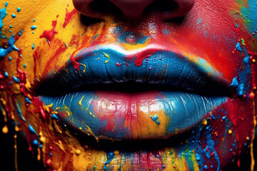 Fototapeta premium Woman's lips painted with vibrant, colorful paint. The artwork celebrates the beauty and diversity of human appearance. Ai generated