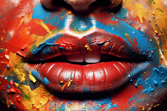 Woman's lips painted with vibrant, colorful paint. The artwork celebrates the beauty and diversity of human appearance. Ai generated