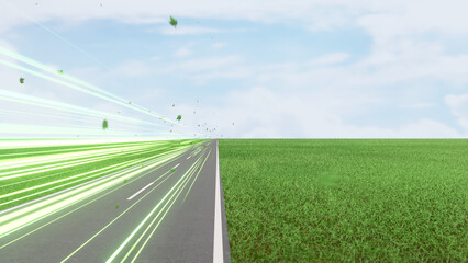 Green speed light trail on road with leaves, renewable energy highway transportation concept, clean eco power car street light with blue sky, zero emission electric vehicle technology 3d rendering