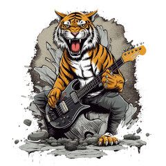 A rock and roll tiger t-shirt design featuring a badass and rebellious illustration of a tiger with a rock and roll and punk aesthetic, set against a grungy and rough background, Generative Ai