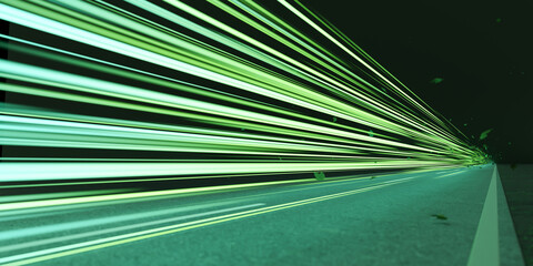 Green speed light trail on road with leaves, renewable energy highway transportation concept, clean eco power car street light at night, zero emission electric vehicle technology 3d rendering - 601335684