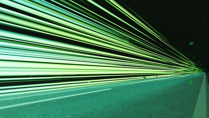 Green speed light trail on road with leaves, renewable energy highway transportation concept, clean eco power car street light at night, zero emission electric vehicle technology 3d rendering