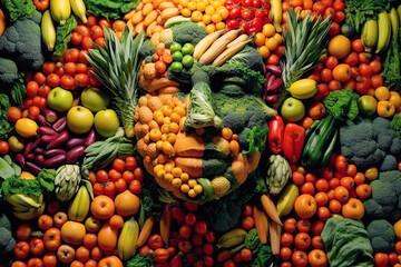 human head of vegetarian of fruits and vegetables. Concept of healthy eating with food and vegetarianism. Generative AI illustration