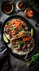 Korean Beef Steak Tacos, cinco de mayo food concept, Mexican food, A plate filled with warm flour tortillas, thinly sliced Korean beef steak, pickled carrots, daikon, scallions, sesame. Generative AI