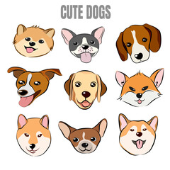 Flat style dog head icons. Cartoon dogs faces set. Illustration isolated on white