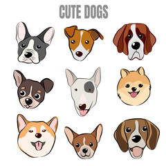 Flat style dog head icons. Cartoon dogs faces set. Illustration isolated on white
