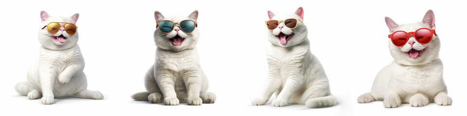 Animals pets cat banner panorama long - Collection of funny laughing sitting white cats, with sun glasses, isolated on white background, Generative AI
