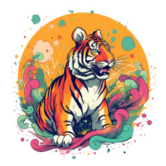 A whimsical tiger t-shirt design featuring a playful and lighthearted illustration of a tiger with a whimsical and childlike aesthetic, Generative Ai