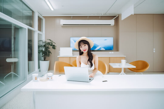 A young and enthusiastic Asian woman posing confidently in front of her laptop, surrounded by a vibrant and modern office environment.