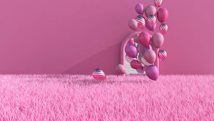 Colorful balloons flying for party in meadow door open in the room. 3D illustration, 3D rendering
