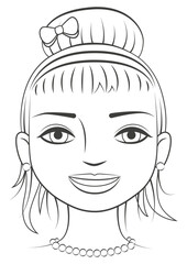 Vecteur pour livre de coloriage, visage féminin avec coiffure en chignon, grands yeux en amande et collier de perles, thème beauté et mode, dessin trait noir
