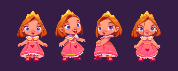 Cute little princess character in pink dress and gold crown. Fairytale queen, beautiful girl happy, angry and show tongue, vector cartoon set isolated on background © klyaksun