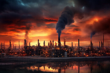 Obraz na płótnie Canvas Oil refinery at sunset, depicting the industrial landscape and the interplay of light and shadow. The artwork conveys the beauty and the environmental impact of the oil and gas industry. Ai generated