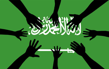 Group of Saudi Arabia people gathering hands vector silhouette, unity or support idea