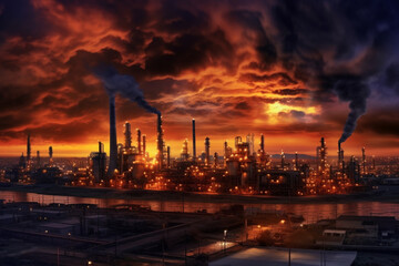 Obraz na płótnie Canvas Oil refinery at sunset, depicting the industrial landscape and the interplay of light and shadow. The artwork conveys the beauty and the environmental impact of the oil and gas industry. Ai generated