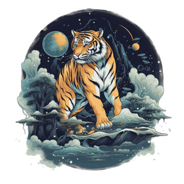 A mystical tiger t-shirt design featuring a mysterious and enchanting illustration of a tiger with a magical and mystical aesthetic, Generative Ai