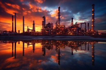 Naklejka premium Oil refinery at sunset, depicting the industrial landscape and the interplay of light and shadow. The artwork conveys the beauty and the environmental impact of the oil and gas industry. Ai generated