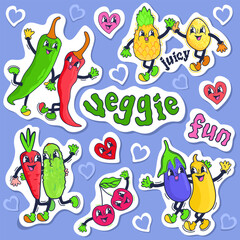 Veggie and fun. Retro vector collection of vegetable and fruit stickers with smiling faces and gloved hands. Hot peppers, pineapple and lemon, carrot and cucumber, cherries, eggplant and zucchini.