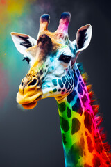 Close up of giraffe with multicolored background. Generative AI.