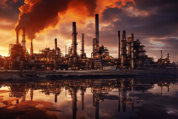 Fototapeta premium Oil refinery at sunset, depicting the industrial landscape and the interplay of light and shadow. The artwork conveys the beauty and the environmental impact of the oil and gas industry. Ai generated