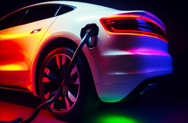 Plakat White car is plugged in to charger with colorful lights. Generative AI.