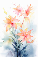 Fototapeta na wymiar Ilustracion de una pintura de acuarela de flores coloridas sobre fondo blanco. IA generativa