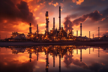 Fototapeta na wymiar Oil refinery at sunset, depicting the industrial landscape and the interplay of light and shadow. The artwork conveys the beauty and the environmental impact of the oil and gas industry. Ai generated