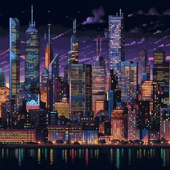 32 Pixel Art New York City at Night. Generative AI