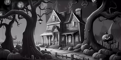 Haunted house with gnarly trees and many Jack-o'-lanterns, black and white