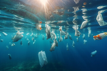 Fototapeta na wymiar Impact of plastic pollution on the oceans, featuring plastic bags floating in the water and polluting the marine environment. Ai generated