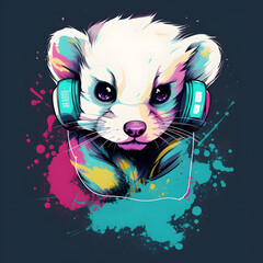 Panda bear with headphones in its mouth and splash of paint. Generative AI.