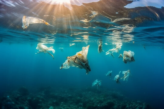 Impact of plastic pollution on the oceans, featuring plastic bags floating in the water and polluting the marine environment. Ai generated