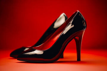 Close up of pair of black high heels on red background. Generative AI.
