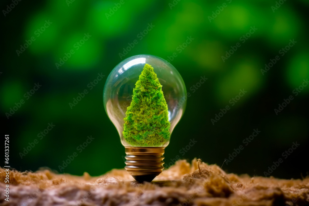 Wall mural Light bulb with small tree inside of it on top of dirt. Generative AI.