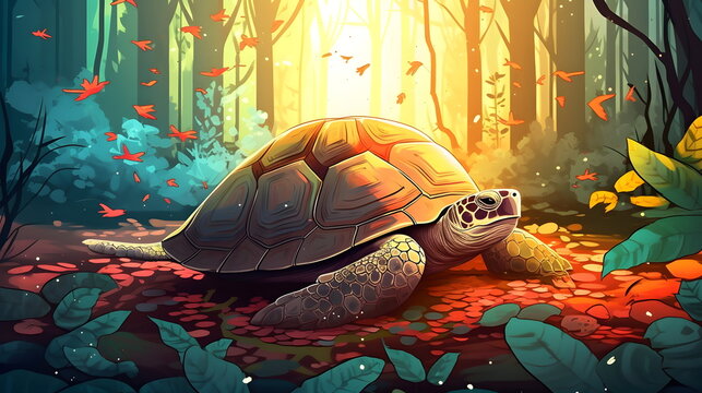 Image of turtle sitting on rock in forest at sunset. Generative AI.