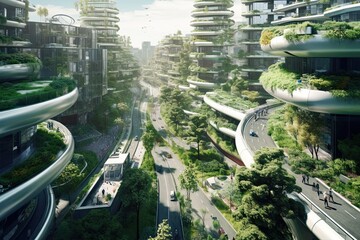 A futuristic city with streets and traffic wrapped in lots of meadows and trees (Generative AI, Generativ, KI)