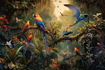 A colorful image of several parrots in the jungle (Generative AI, Generativ, KI)