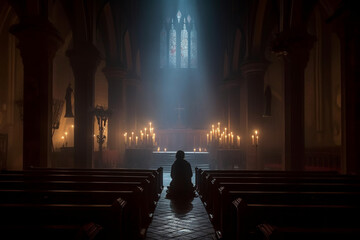 Fototapeta na wymiar Person on their knees, praying in a gothic church with candles. The artwork depicts the spiritual and mystical experience of connecting with the divine. Ai generated