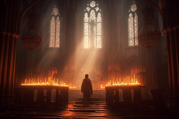 Obraz na płótnie Canvas Person on their knees, praying in a gothic church with candles. The artwork depicts the spiritual and mystical experience of connecting with the divine. Ai generated