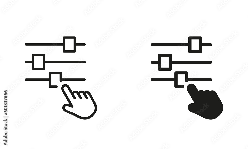 Wall mural control panel and pointer line and silhouette icon set. adjustment button with hand pictogram. contr