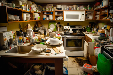 Cluttered kitchen with microwave, stove, sink, and cabinets. Generative AI.